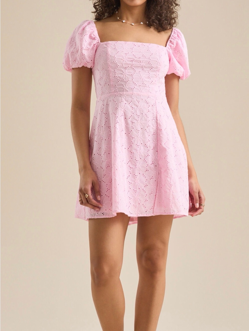 Altar'd State Josie Pink Eyelet Square-Neck Puff Sleeve Mini